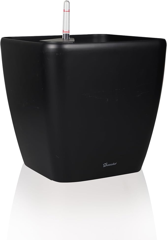 Dexceder 15x14 Self Watering Planter with Wheels Indoor Outdoor, Inner Mat Design, Thickened Large Floor Standing Flower Plant Pot with Water Level Indicator (Black Matte)