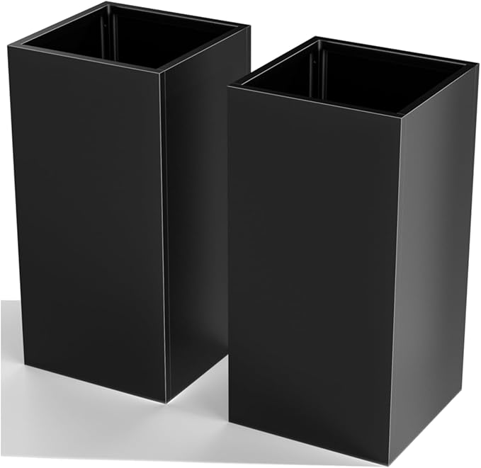 Tall Metal Planter Box for Outdoor Plants 15" L x 15" W x 30" H 2 Pack, Heavy Duty Steel Planter Box with Removable Insert Shelf, Rectangular Planters for Porch, Garden, Yard, Hotel (Black)