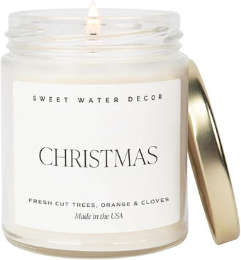 Sweet Water Decor Christmas Candle | Cinnamon, Trees, Orange, and Clove Scents | Christmas Candles and Decor for Home | 9oz. Clear Jar Soy Candle, Made in The USA