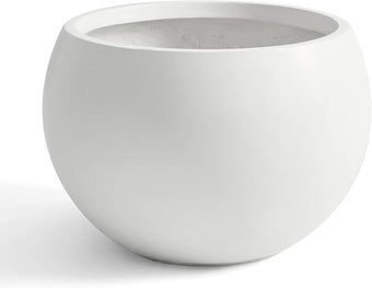 FloraFairy Fiberstone Sphere Planter, 19.3" Dia x 13" H Large Flower Pot with Drainage Hole and Silicone Plug, Round Plant Container for Indoor or Outdoor, 15" Opening, Large White