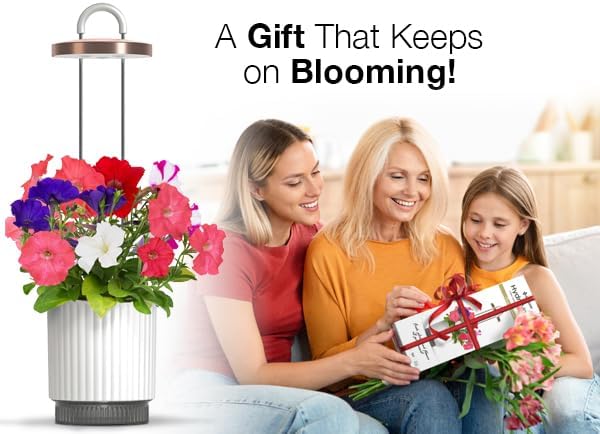 Mini Smart Planter Kit with Petunia Plant Pods by Click&Grow, Hydrovase Indoor Garden, Self-Watering Pot with Grow Light (White)