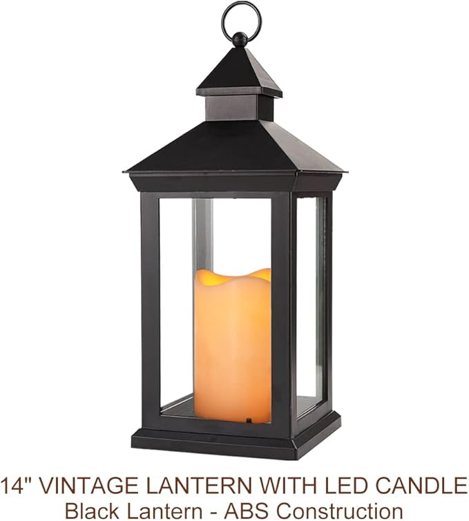 Bright Zeal 14" Tall Vintage Decorative Lantern with LED Pillar Candle - Outdoor Lantern Waterproof Lanterns - Black Lanterns with LED Candles
