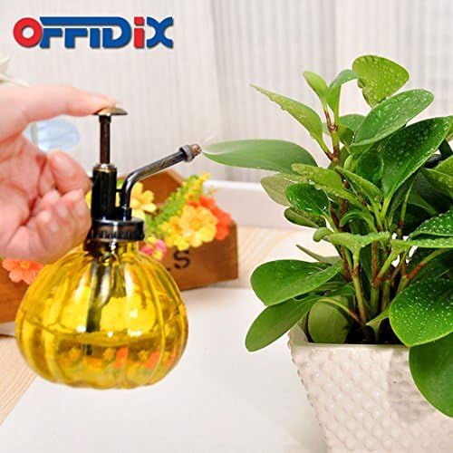 OFFIDIX Yellow Glass Watering Can Indoor, 6.3" Tall Vintage Style with Bronze Plastic Top Pump One Hand Spray Bottle