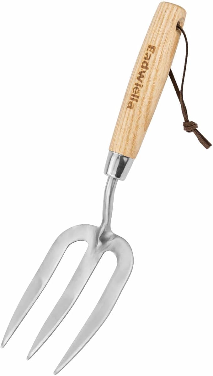Garden Fork Hand Tool Small Weeding Fork 12 Inch with 3 Pointed Tines Wood Handle for Gardening Weeding Cultivating Digging Planting Transplanting Aerating Loosening Hard Soil Mixing Additives