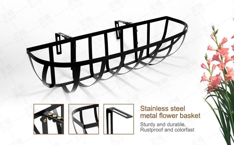 HUNIKC Window Boxes Planters Railing Planter Box with Adjustable Brackets for Porch Fence Patio Balcony Hanging Flower Baskets with Coco Liners for Outdoor Garden Décor (24 Inch / 2 Packs)