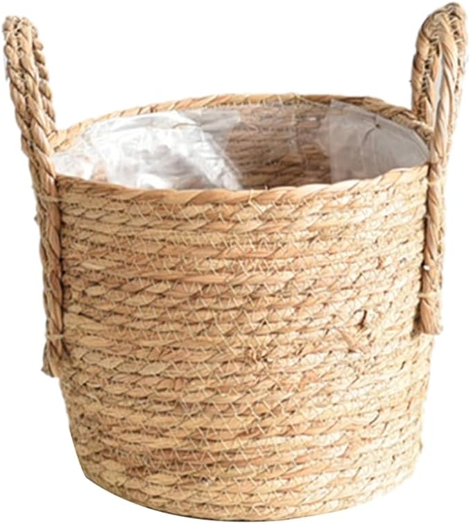 Rattan Planter Basket, Straw Weaving Woven Straw Flower Pot, Wicker Rattan Vase Sundries Organizers Storage Bins, Hand Woven Basket Planter with Plastics Liners and Handle for Indoor Outdoor (Small)