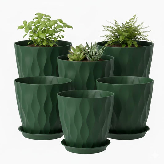 8 Inch Plastic Plant Pots for Plants with Drainage Holes and Saucer, 6 Pack