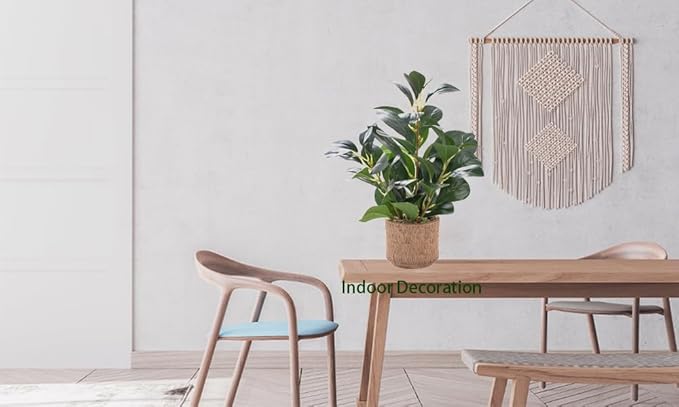12.6" Fake Plants in Brown Ceramic Vase Real Looking and Touching Evergreen Ficus Leaf Faux Plant Indoor for Book Shelf Bathroom Office Desk Kitchen Counter Bedroom Small Space Artificial Plant Decor