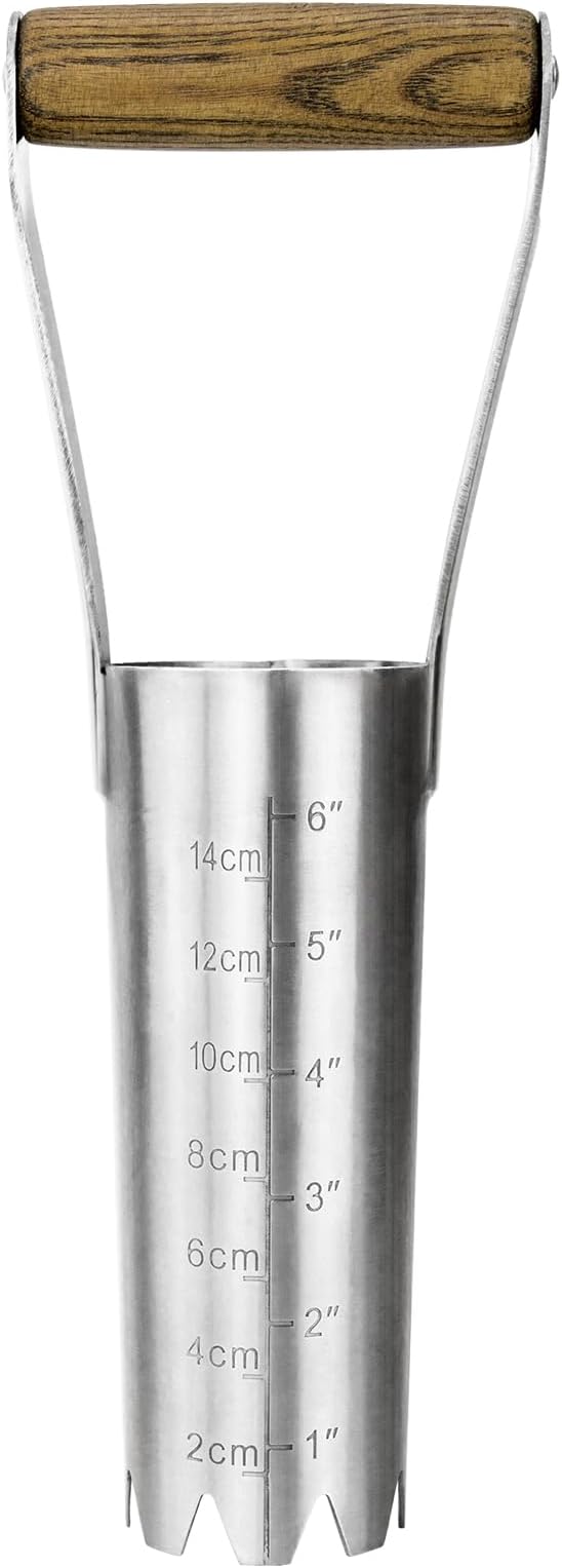 Haliaeetus Bulb Planter Tool, 6 inches Depth Mark Hand Bulb Planter, Non-Bending Stainless Steel Bulb Planter Digger, Garden Bulb Transplanter with Comfortable Wood Handle for Planting Tulip, Daffodil