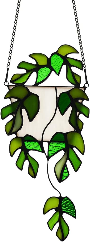 BOXCASA Stained Glass Window Hanging - Handmade Monstera Leaf Suncatcher for Plant Lovers,Plant Gifts for Women,Grandma,Mother's Day,Christmas