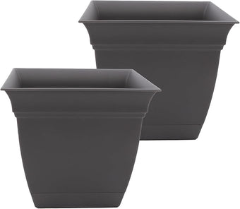 The HC Companies 12 Inch Eclipse Square Planter Pots with Drainage Holes & Attached Saucer, Lightweight UV-Resistant Plastic Indoor Outdoor Planters, 2-Pack Flower Pots, Garden Home Decor, Warm Gray