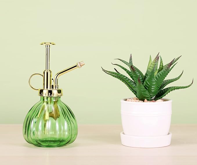 Glass Plant Mister Spray Bottle, 6.5" Green Glass Water Spray Bottle with Gold Top Pump Small Watering Can, Small Plant Sprayer Mister for Indoor Outdoor House, Green+Gold (Green+Gold C)
