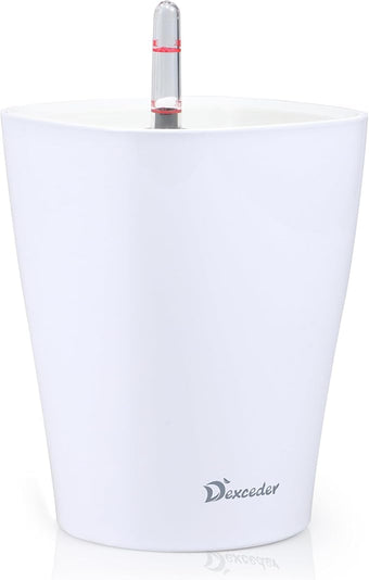 Dexceder 6x7 Self Watering Planter Indoor Outdoor, High Gloss Table Flower Plant Pot with Water Level Indicator (White)