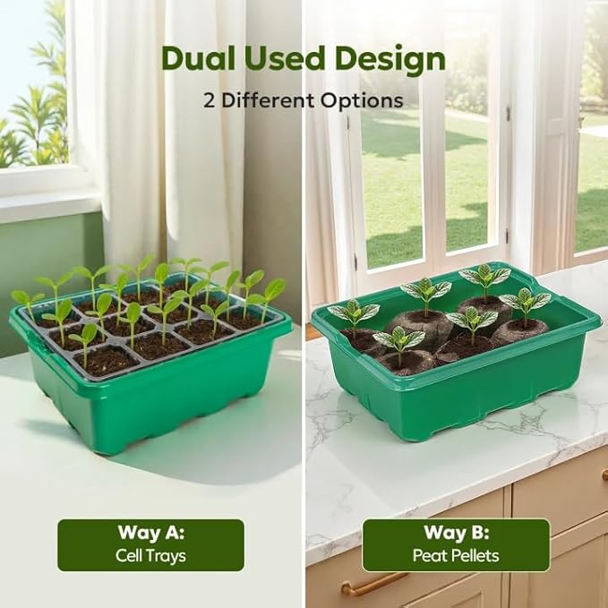 MIXC Seed Starter Kit with Grow Light, Elevated Seedling Tray Kit with Adjustable Humidity Dome and Clear Cell Tray, 12 Full Spectrum Led Beads for Seed Starting Greenhouse, 6 Pack, Green