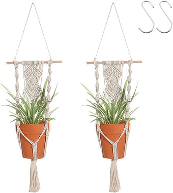 Artilady Boho Macrame Plant Hangers - Handmade Hemp Rope Hanging Baskets for Plants with Ceiling Hooks, Bohemian Home Decor Wall Art (White Wood Hanger)