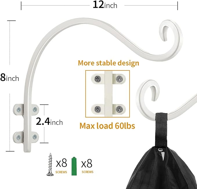 Maosen 12 Inch Plant Hangers Outdoor 2 Pack White, Heavy Duty Plant Hanging Bracket Hook for Flowers Baskets Planter Pots Bird Feeder Lanterns Wind Chimes Outdoor Indoor