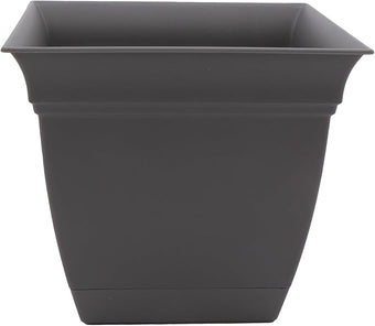 The HC Companies Eclipse Square Plastic Planter w/ Attached Saucer - Outdoor & Indoor Plant Pot with Drainage Holes - Lightweight, UV-Resistant Plastic Pots For Plants (12" Warm Gray, Pack of 1)