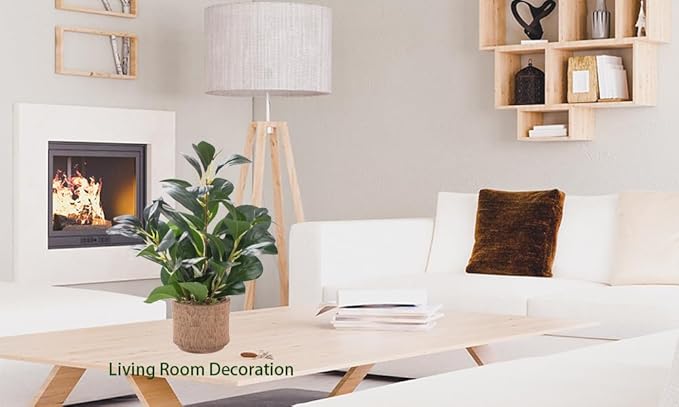 12.6" Fake Plants in Brown Ceramic Vase Real Looking and Touching Evergreen Ficus Leaf Faux Plant Indoor for Book Shelf Bathroom Office Desk Kitchen Counter Bedroom Small Space Artificial Plant Decor