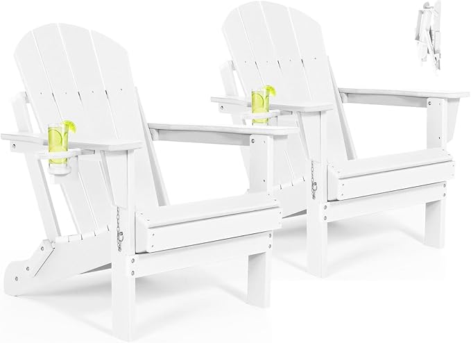 Folding Adirondack Chairs Set 2- Plastic Adirondack Chairs with Cup Holder, Weather Resistant for Outdoor, Patio, Lawn, Garden, Backyard Deck, Fire Pit - White