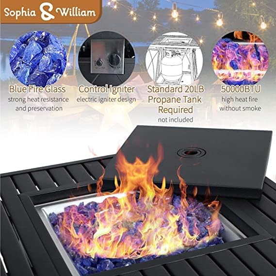 Sophia & William 5 Pieces Outdoor Patio Furniture Set with Gas Fire Pit Table, Patio Conversation Set with 4 Extra Large & High Back Motion Sofa Chairs & 28-Inch Fire Pit