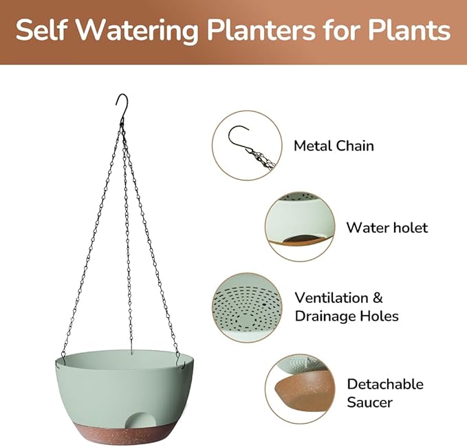 LESOASIS 12 Inch Hanging Baskets for Plants Outdoor, Hanging Planters for Indoor Outdoor Plants, Hanging Planter with Self Watering, Hanging Flower Pots (Green)