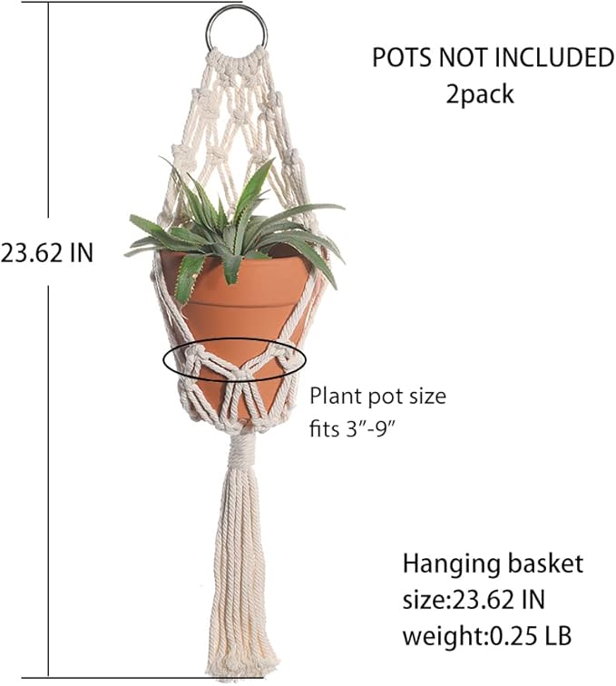 Artilady Boho Macrame Plant Hangers - Handmade Hemp Rope Hanging Baskets for Indoor Plants with Ceiling Hooks, Bohemian Home Decor Outdoor Wall Art (White Hanger)