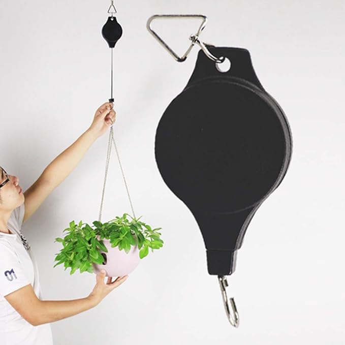 Lythor Pack Plant Hook Pulley, Retractable Plant Hanger Easy Reach Hanging Flower Basket for Garden Baskets Pots and Birds Feeder Hang High up and Pull Down to Water Or Feed (Black 2Pack)