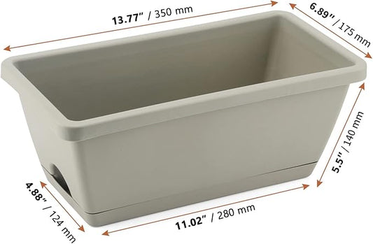 LEXININ 6 Pack 14 Inch Plastic Rectangular Window Planter Box, Window Vegetable Planter Box with Trays, Rectangular Flower Pots for Windowsill, Garden, Balcony, Patio, Grey