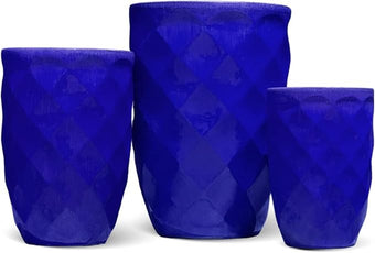 PLANTATOREM Pottery Medium High Diamond Planter Set with Elegant Blue Design - Robust Ceramic with Drainage Holes & Drip Pans - Perfect for Indoors & Outdoors - 18" Diameter x 26" Tall