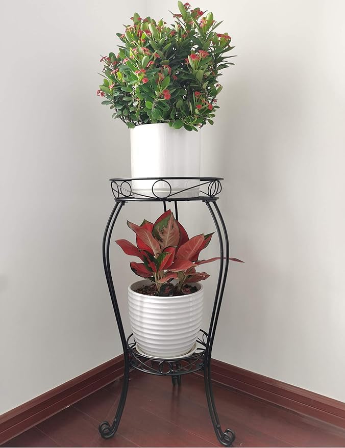 28.4 inches Tall Metal Plant Stand 11.8 Dia for Indoor or Outdoor use,2 Tier Heavy Duty Flower Pot Stand Rack 11.8 inches Diameter Holds Big Heavy Plants,Black (28.4 INCHES TALL)