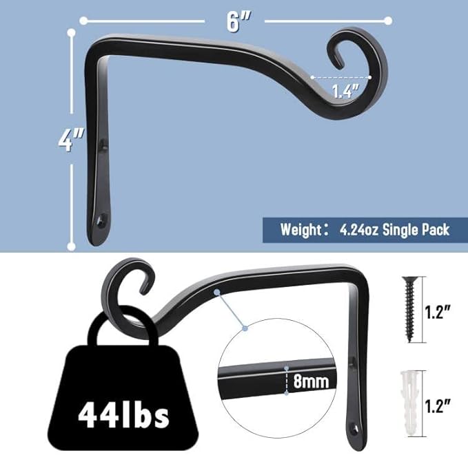 FEED GARDEN Hanging Plant Bracket 2 Pack 6 Inch Hand-Forged Plant Hangers for Outdoor with Screws