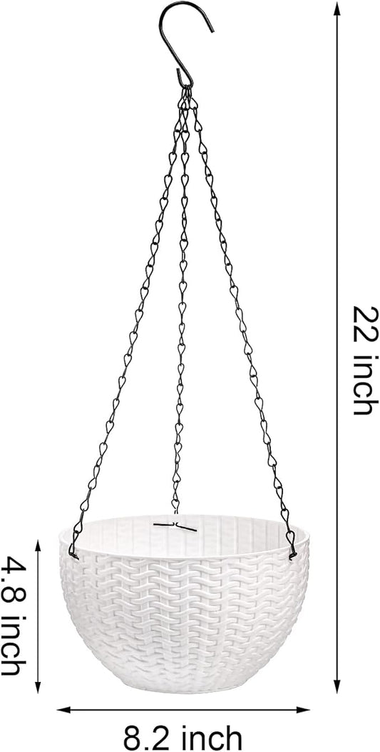 Foraineam 4 Pack 8.2 inch Self-Watering Hanging Planters, Garden Flower Plant Pot Container, Hanging Basket Planter with Drainer and Chain for Indoor Outdoor Use, White