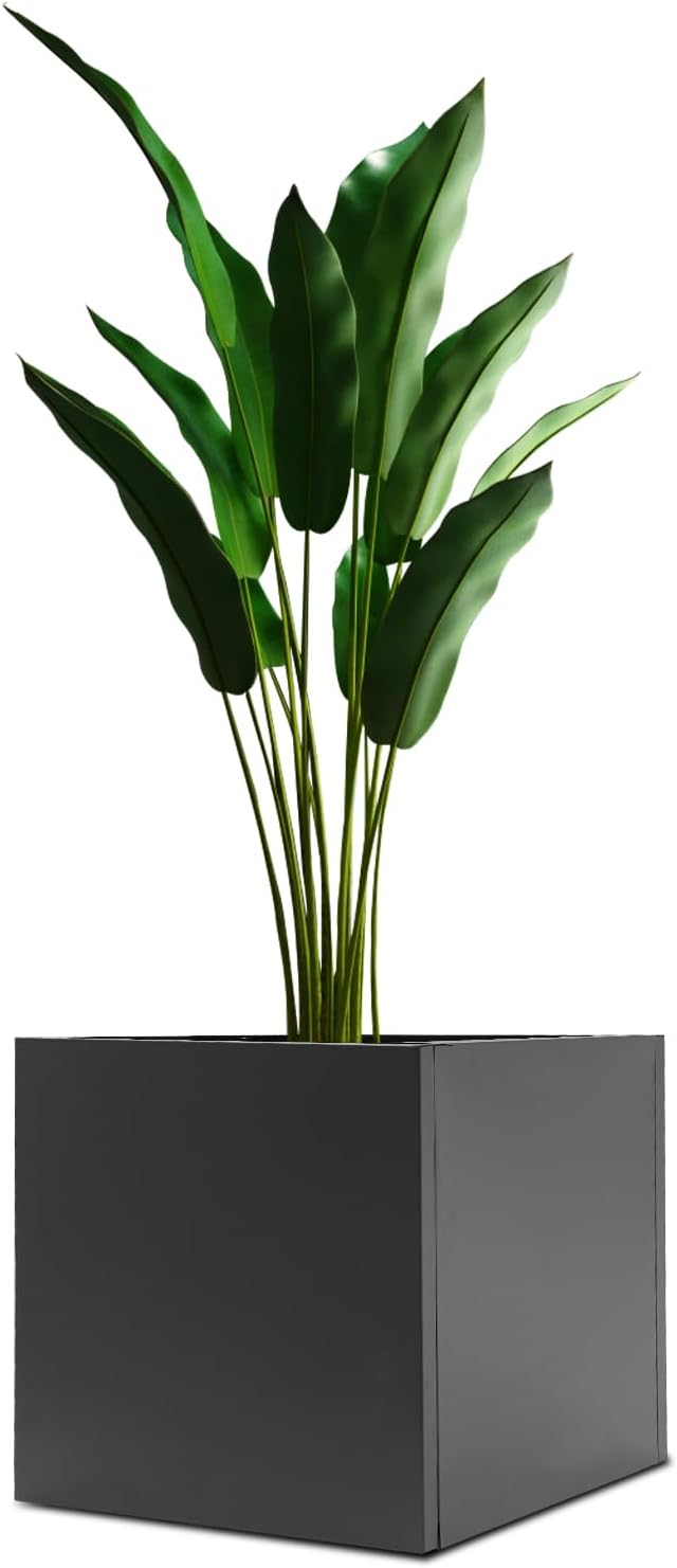 REBaiYU Steel Metal Square Planter Box for Indoor Outdoor, 20/24Inch Modern Flower Pots Tall Cube Planters with Large Opening Design for Plants, Flowers, Garden (Black, 24Inch)