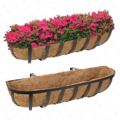 HUNIKC Window Boxes Planters Railing Planter Box with Adjustable Brackets for Porch Fence Patio Balcony Hanging Flower Baskets with Coco Liners for Outdoor Garden Décor (24 Inch / 2 Packs)