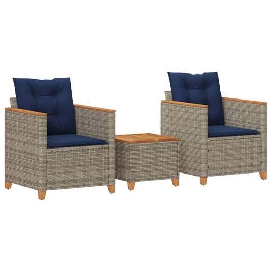 KUPTYERFG 3 Piece Outdoor Bistro Set, Grey PE Rattan Patio Conversation Set with Navy Cushions and Square Wood Table, Small Space Dining Furniture for Balcony, Yard and Porch