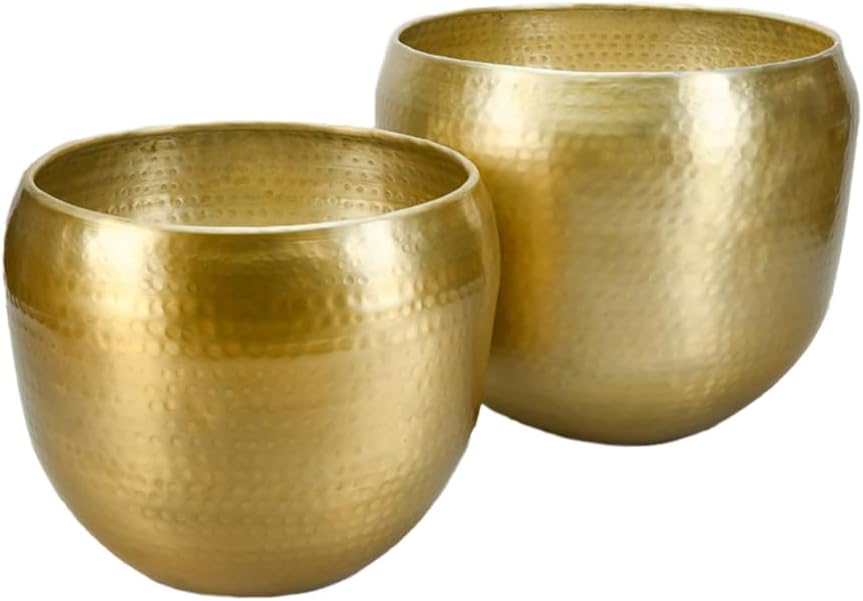 Serene Spaces Living Brass-Look Aluminum Cachepot: Handcrafted in India, Elegant Wedding & Home Decor, Vintage Planter for Indoor Plants, Flowers, Table Centerpieces, and Ornamental Display, KIT of 2