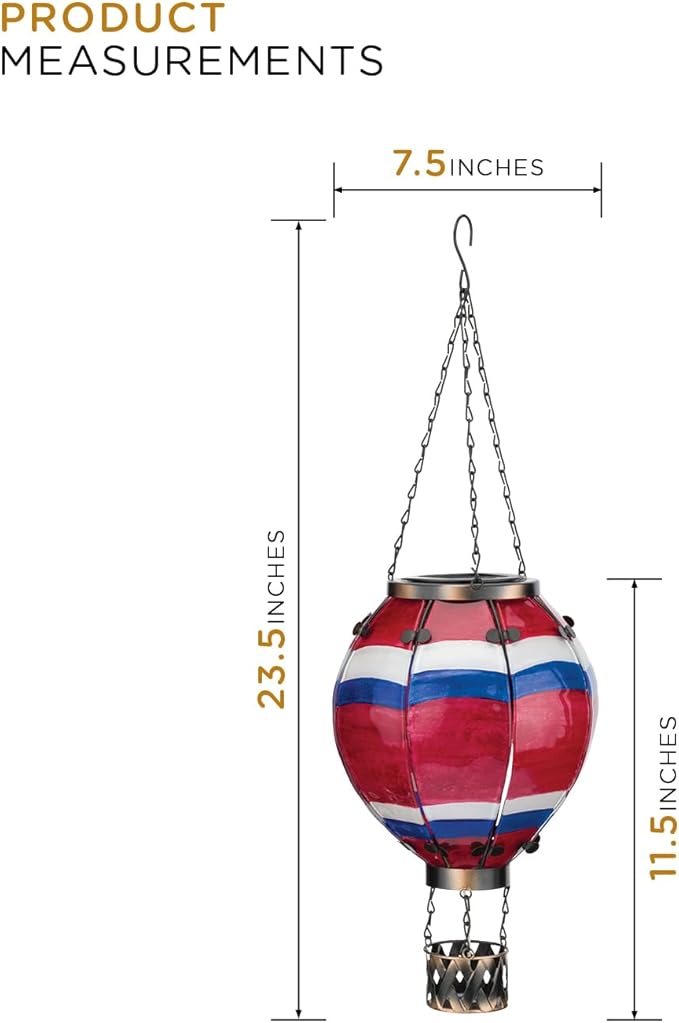Regal Art & Gift Hot Air Balloon Solar Lantern – Hanging Solar-Powered LED Lights, Waterproof Portable Decorative Outdoor Lamp Made of Metal & Glass for Garden, Patios & Pathway – Stripe (Large)