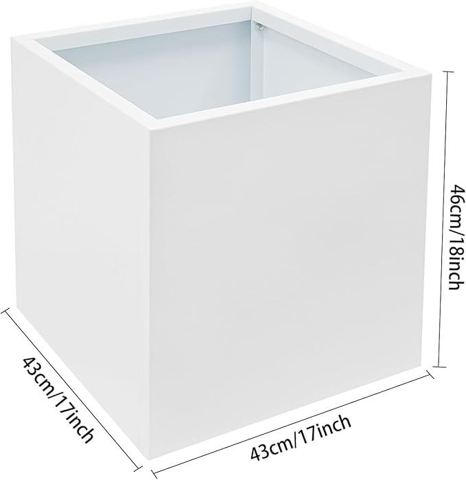 Steel Planter Box Metal Square Indoor Outdoor Planter Box for Outdoor Plants Large Planters Cube Heavy Duty Flower Pot Commercial Residential for Home Garden Deck Porch Patio (White, 17 x 17 x 18 in)