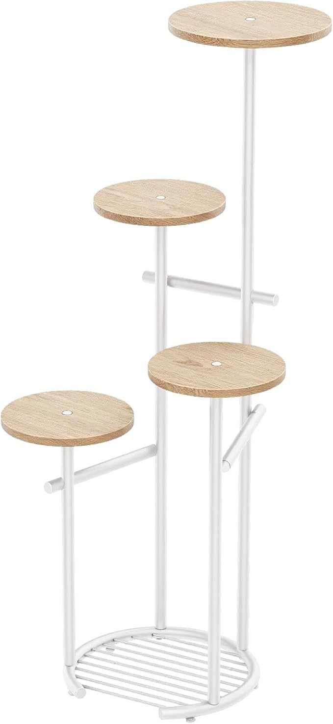 TOSKING 5 Tier Metal Plant Stand Indoor， Plant Shelf, Corner Shelf Flower Pot Stand for Outdoor Plant Stand for Living Room Balcony Garden Patio Bedroom (White and Wood, 42in)