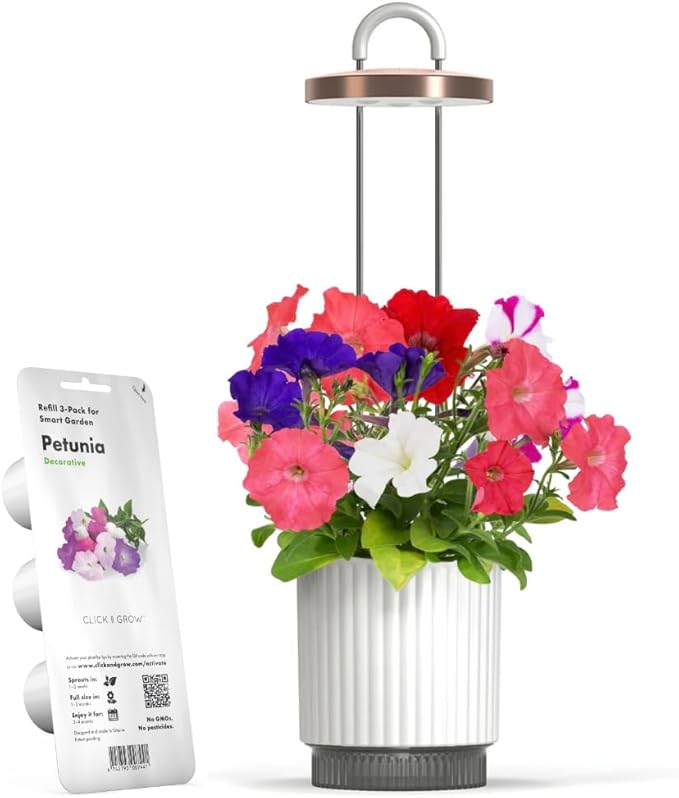 Mini Smart Planter Kit with Petunia Plant Pods by Click&Grow, Hydrovase Indoor Garden, Self-Watering Pot with Grow Light (White)