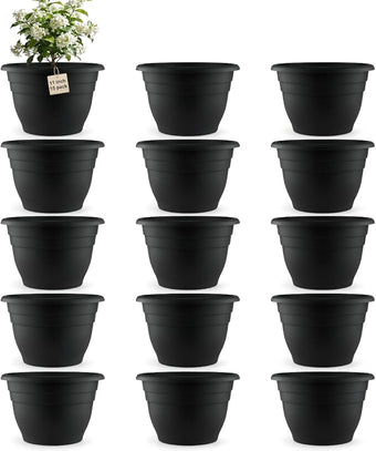 RooTrimmer 15 Pack 11 Inch Plant Pots with Drainage Holes,Black Plastic Flower Pots with Hanging Holes,Durable Planters for Indoor & Outdoor Plants,Nursery Pots