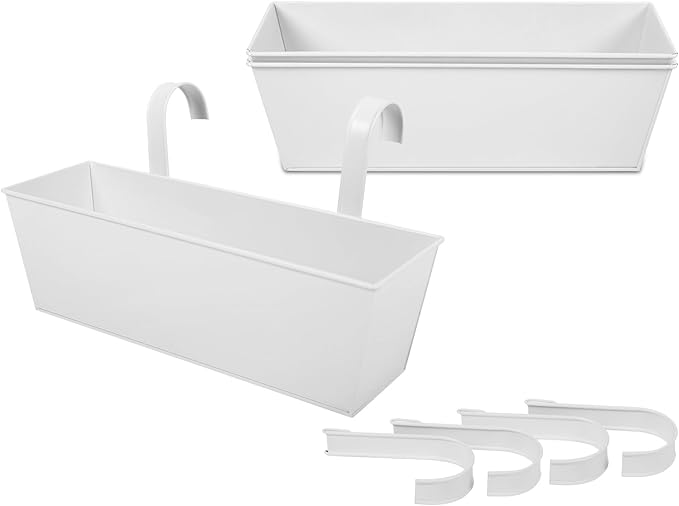 Railing Planters Outdoor Balcony 16 Inch Deck Over The Railing Planter Boxes Hanging Planters for Fence Flower 3 Pcs (White)