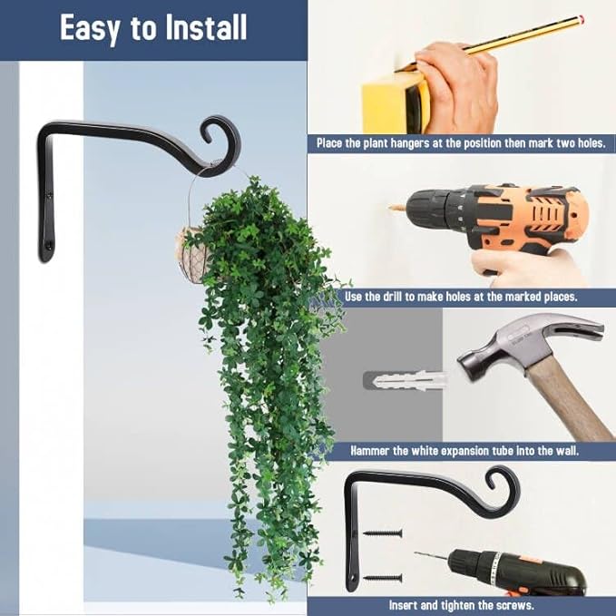 FEED GARDEN Hanging Plant Bracket 2 Pack 6 Inch Hand-Forged Plant Hangers for Outdoor with Screws