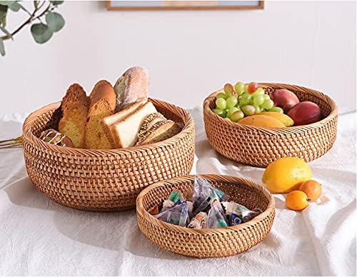 YANGQIHOME Natural Rattan Round Fruit Basket Bowls, Handwoven Storage Serving Baskets, Wicker Organizer for Dinning Room (Set of 3)