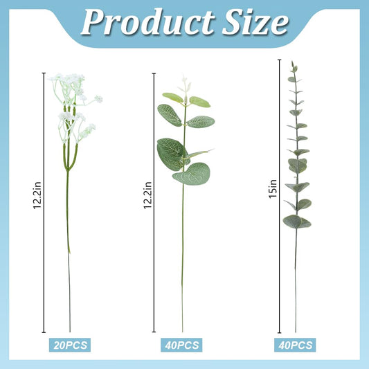 ACRNIGHEET 100PCS Artificial Eucalyptus Stems, Baby Breath Artificial Flower Bulk with Greenery Leaf, 3 Mixed Faux Eucalyptus Greenery Stems for DIY Bouquets Wedding Home Store Gift Box Decor
