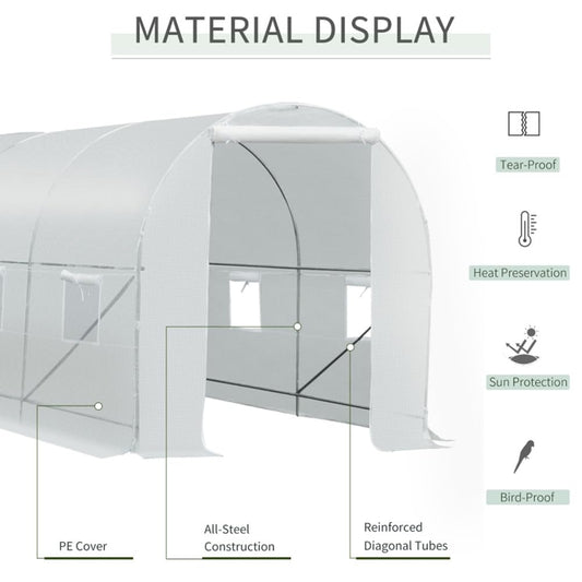 Walk-in Tunnel Greenhouse, 15' x 7' x 7' Outdoor Walk-in Greenhouse, Tunnel Green House with Roll-up Windows, Zippered Door, PE Cover, Heavy Duty Steel Frame, White