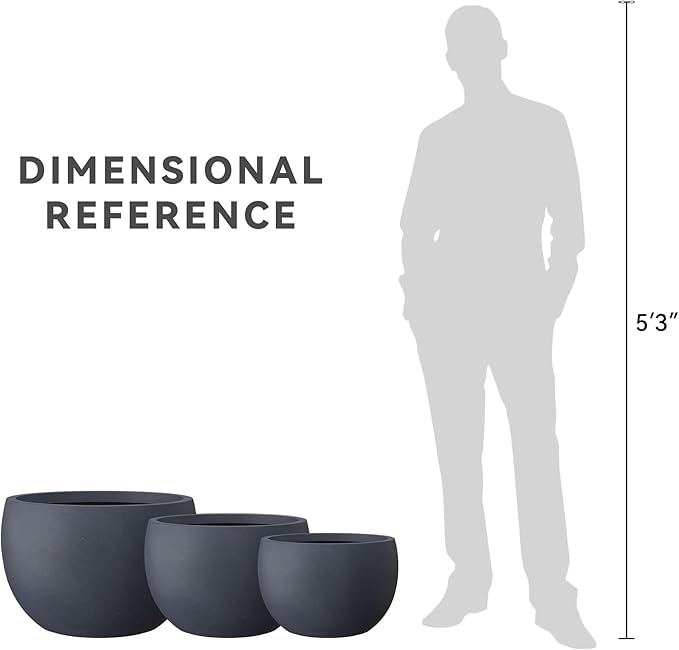 Kante 19.9",15.7",11.8" Dia Round Concrete Planter Set of 3, Outdoor/Indoor Large Bowl Plant Pots with Drainage Hole and Rubber Plug for Garden Patio Balcony Home, Dark Gray