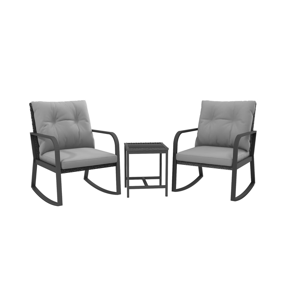 Temminkii Bistro 3 Piece Patio Furniture Set, Patio Table and Rattan Outdoor Rocking Chairs Set of 2, Outdoor Bistro Conversation Set for Garden, Balcony, Poolside, Backyard, Grey