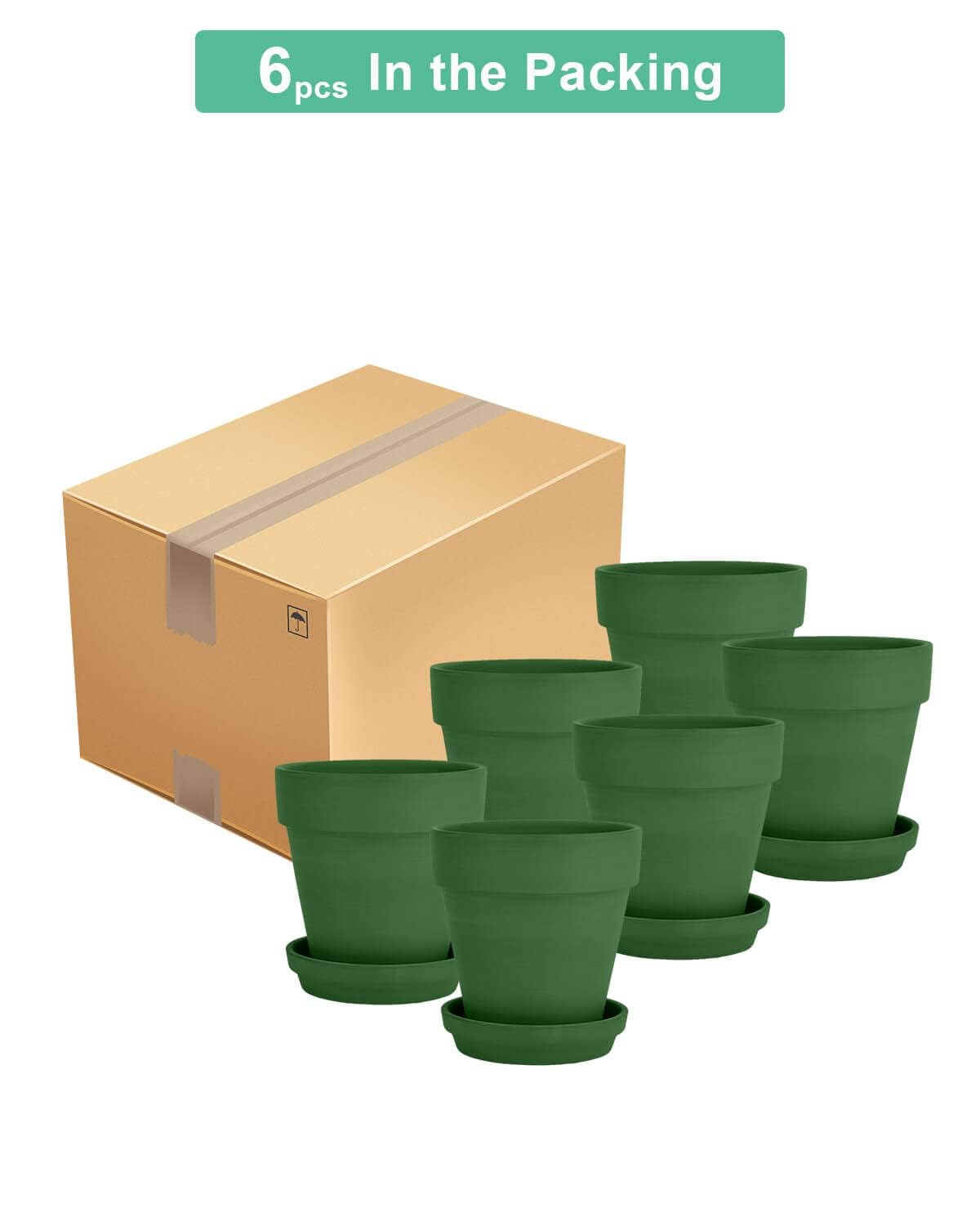 vensovo 4 Inch Small Green Terracotta Plant Pots with Saucer - 6 Pack Clay Flowerpots with Drainage, Great for Indoor Outdoor Plants, Crafts, Wedding Favor