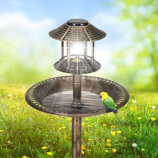 Outdoor Solar Garden Bird Bath Vintage Lighted Pedestal Fountain Flower Birdbath Planter Accents Decoration Yard Statue Feeder, Decorative Cage, Fillable Stand Polyresin